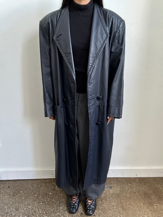 Vintage Navy Blue Leather Trench Size L