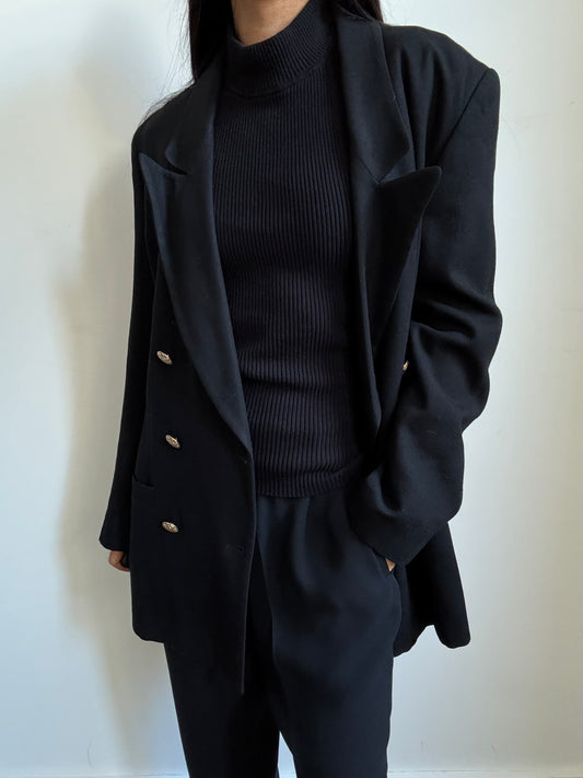 Vintage Black Blazer + Gold Buttons with Crest in Size M