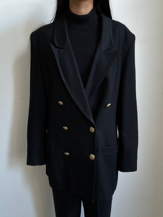 Vintage Black Blazer + Gold Buttons with Crest in Size M