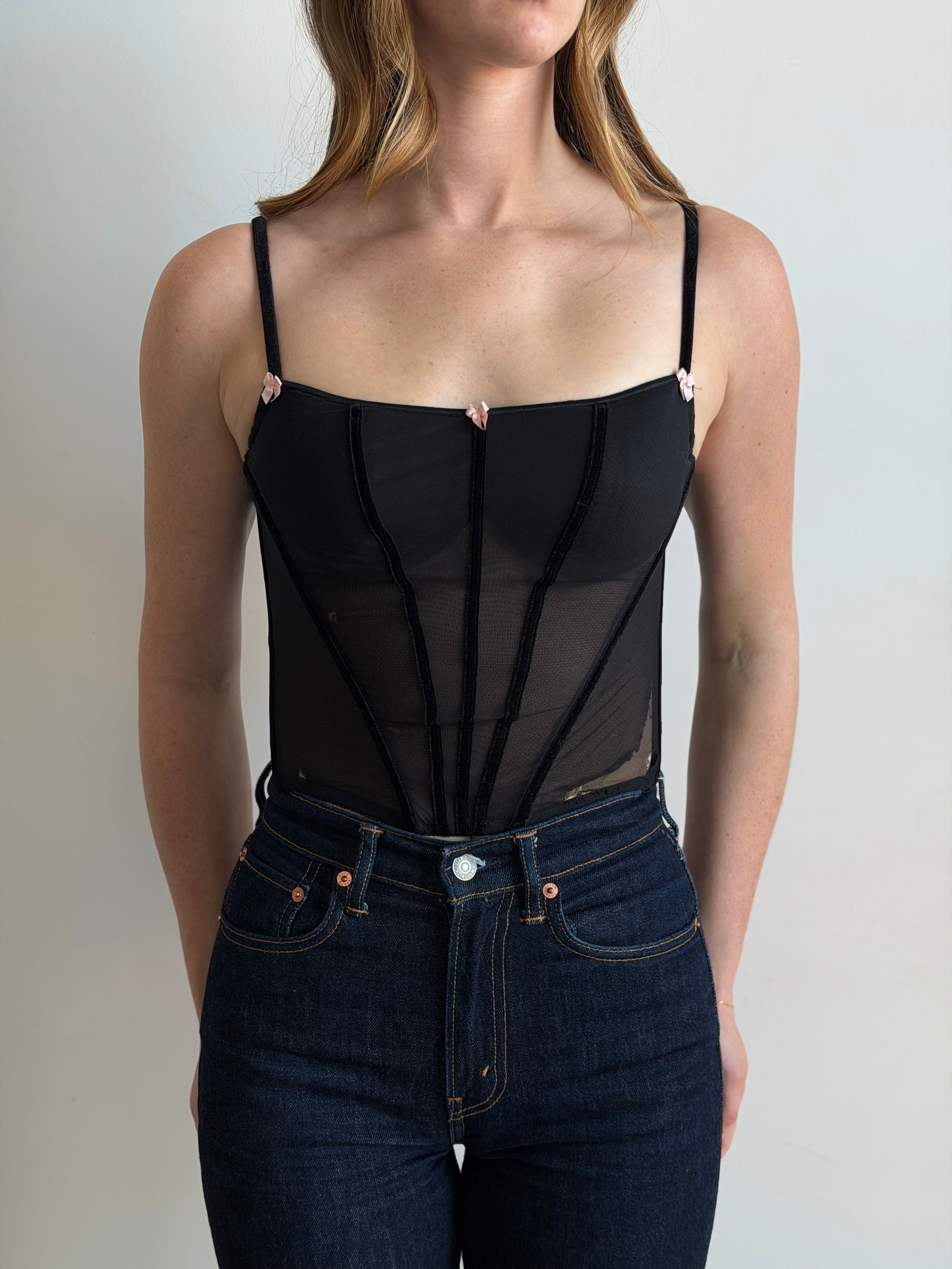 Vintage Black Mesh & Velvet Bow Corset Size 34C