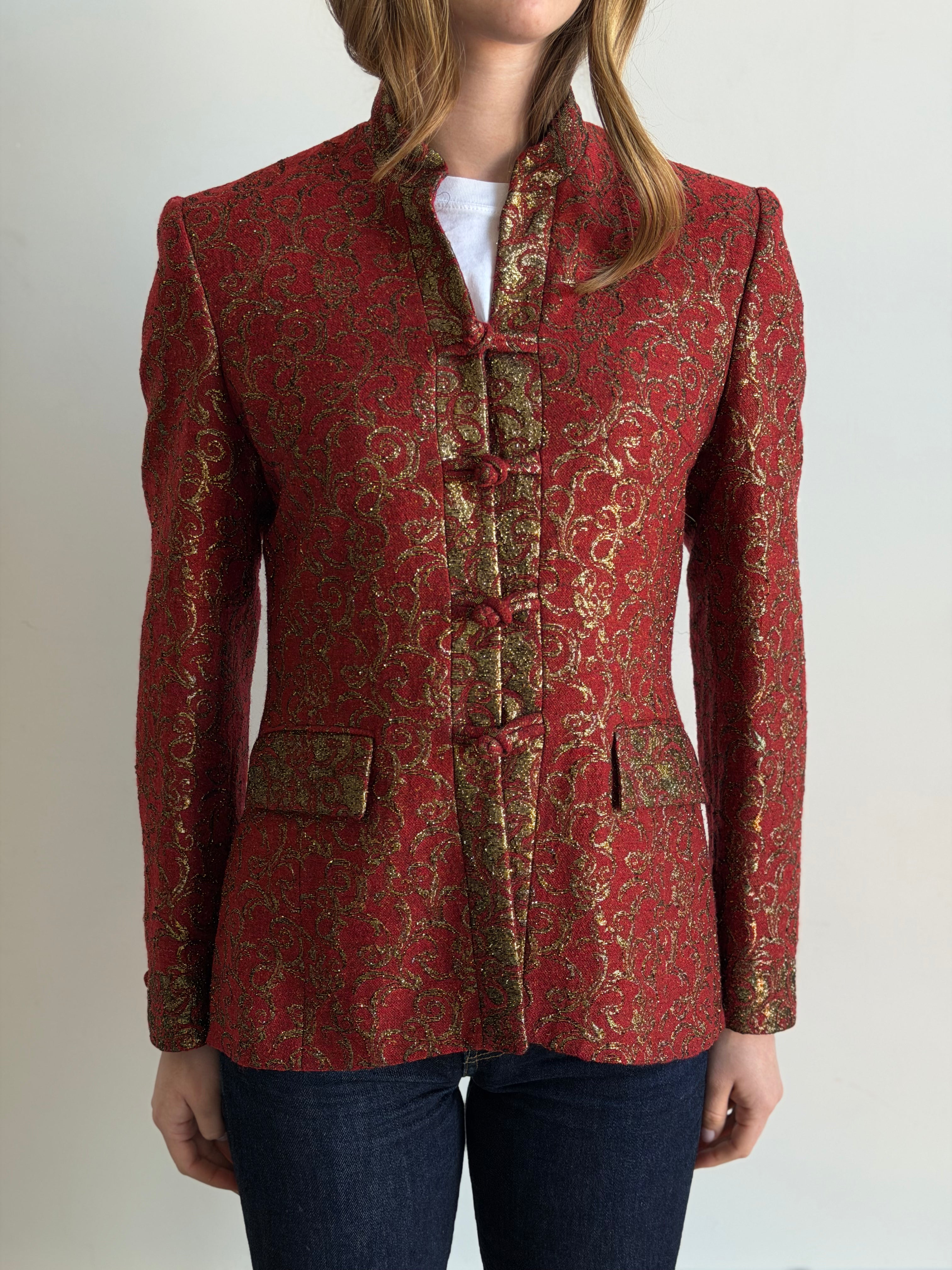 Vintage Red & Metallic Gold Wool & Silk Blend Blazer Size M