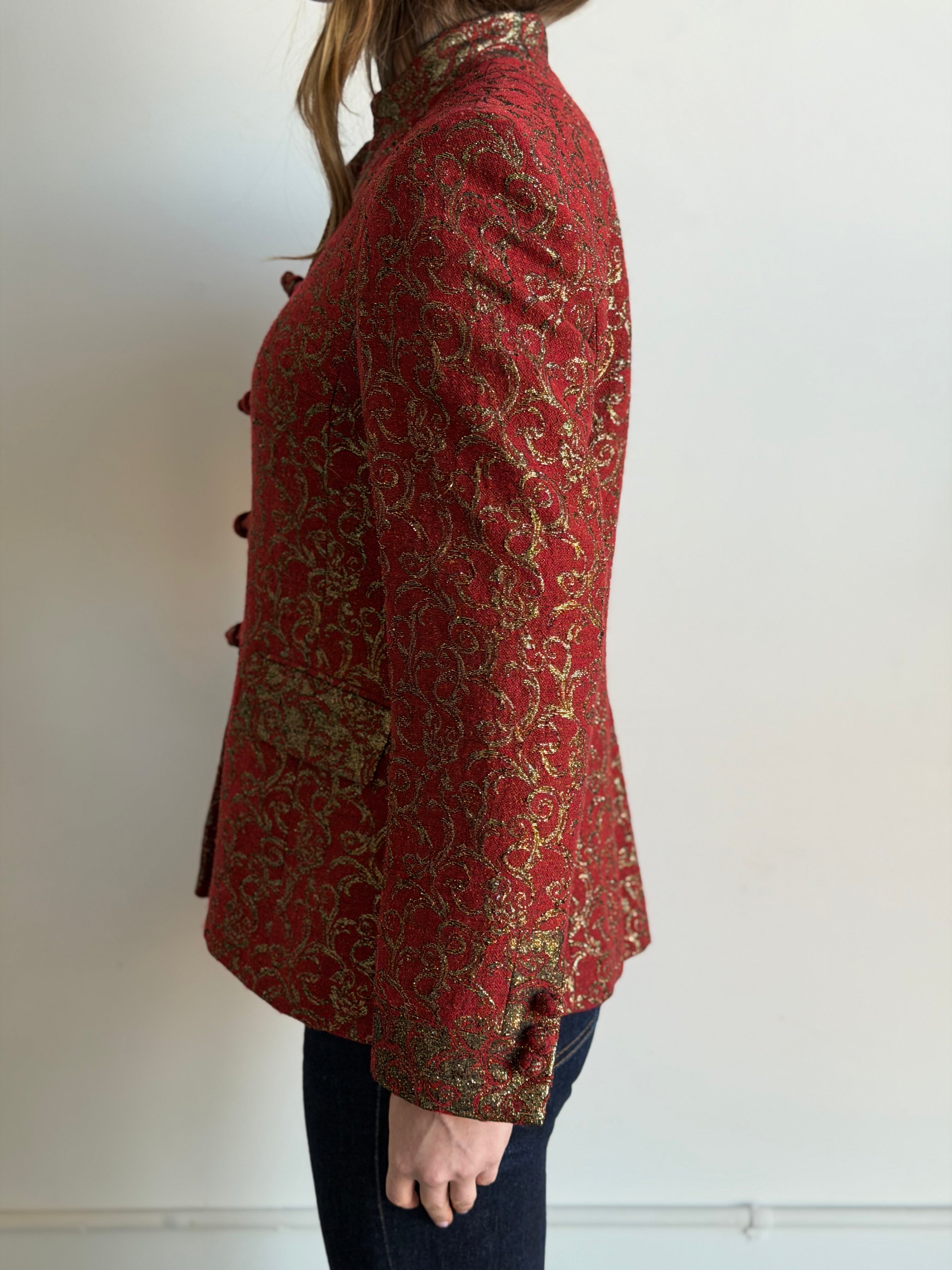 Vintage Red & Metallic Gold Wool & Silk Blend Blazer Size M