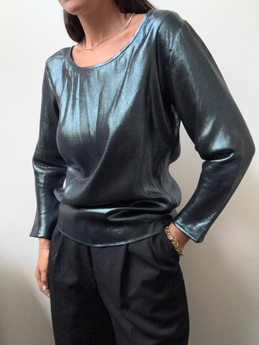 Vintage Saint Laurent Steel Blue Metallic Top Size Small