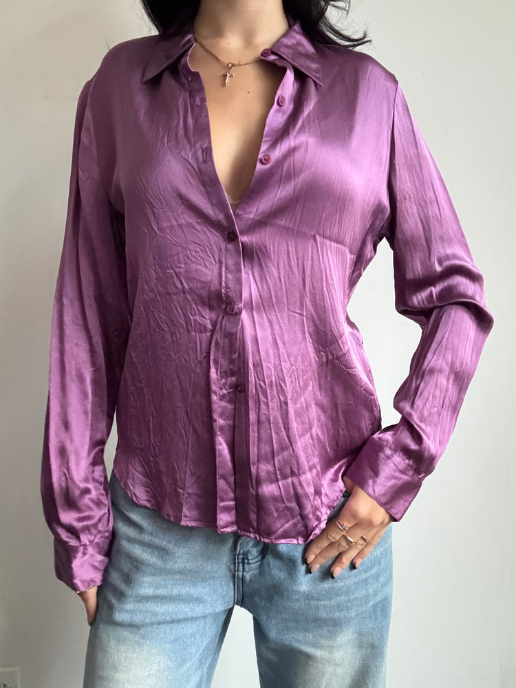 Vintage Purple Silk Long sleeve Button Up Size Large
