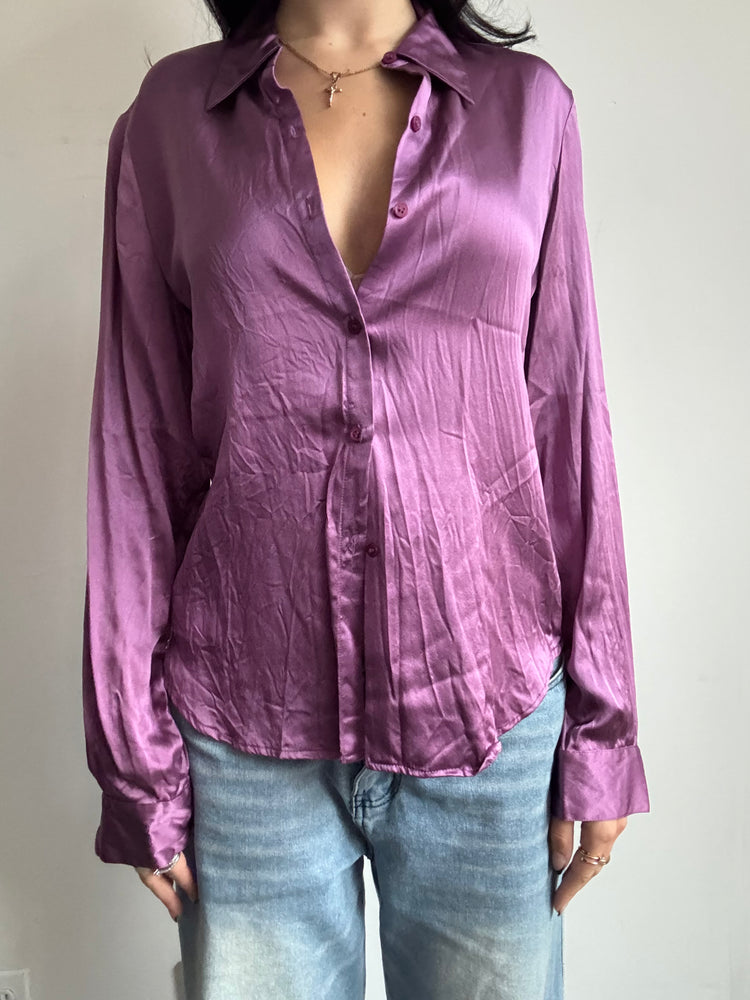 Vintage Purple Silk Long sleeve Button Up Size Large