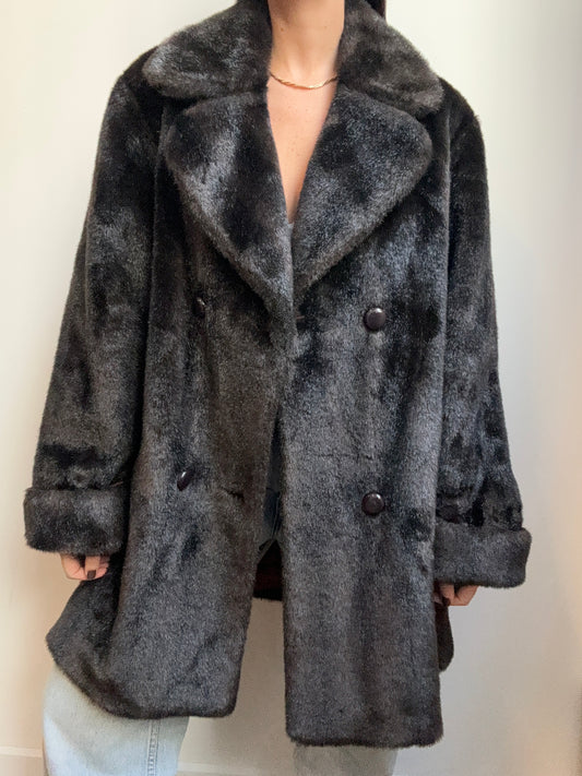 Vintage Dark Brown Faux Fur Coat Size 6