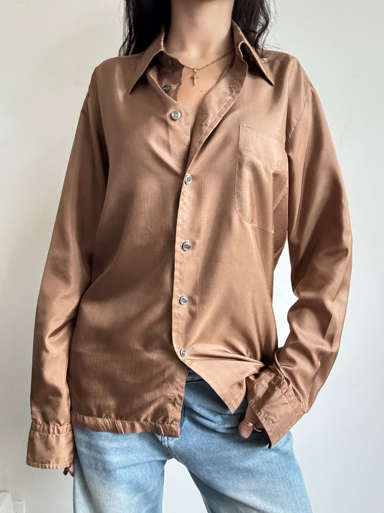 Vintage Satin Long-Sleeve Brown Button-Down Medium