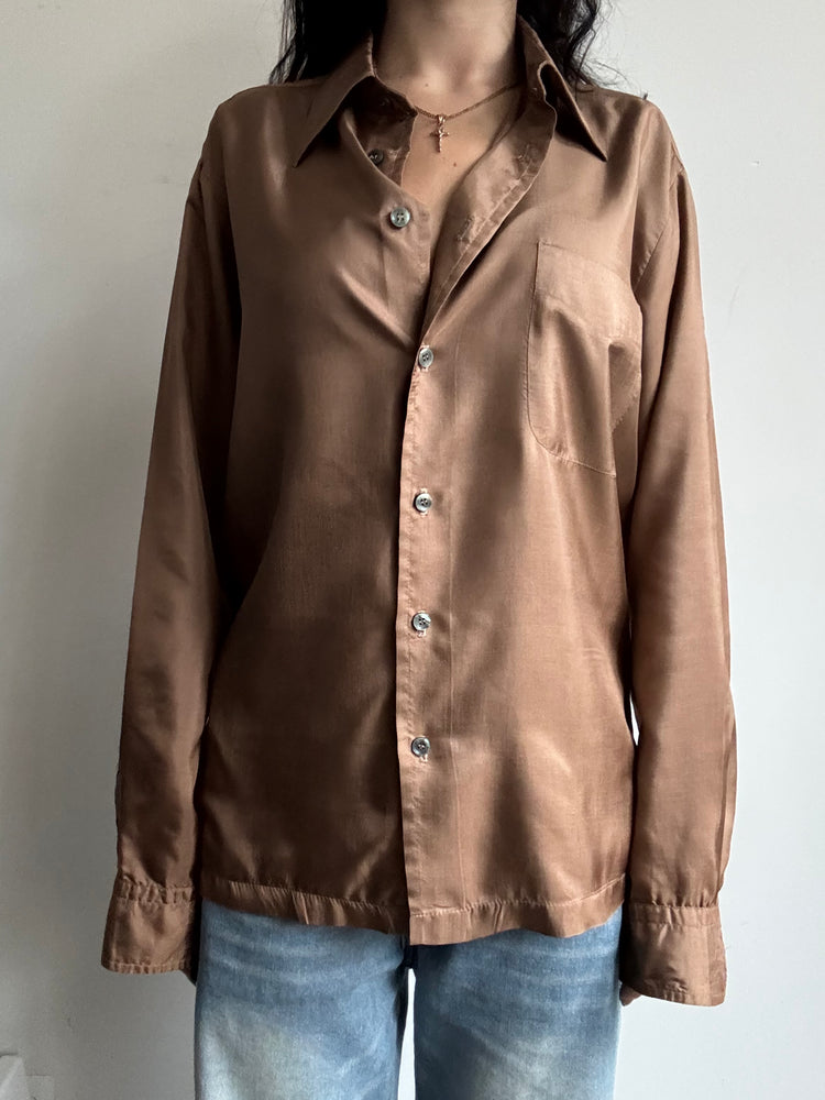Vintage Satin Long-Sleeve Brown Button-Down Medium