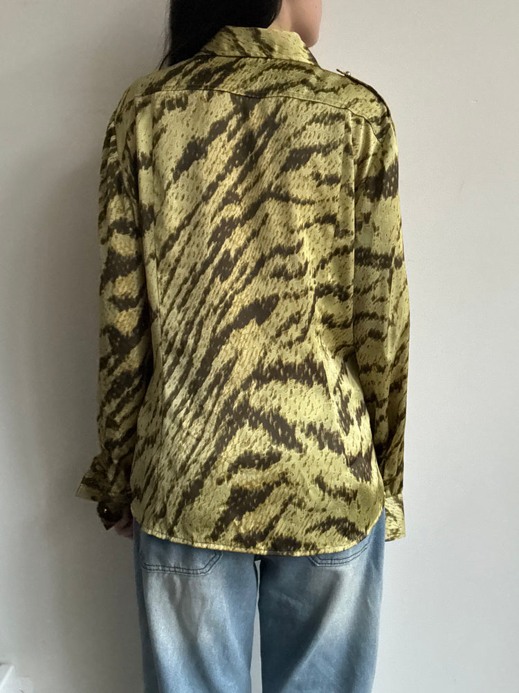 Vintage Green Tiger Print Button-Up Size Large