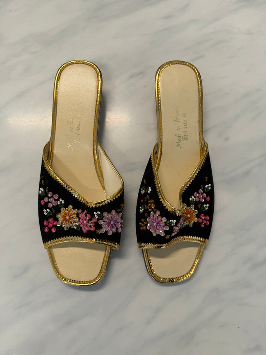 Vintage Sequined Open Toed Slippers Size 8