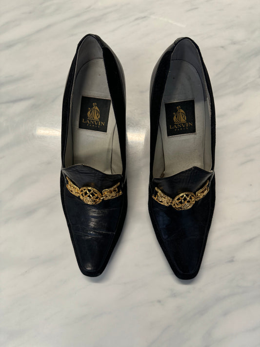 Vintage Lanvin Black Leather Heeled Loafers Size 8