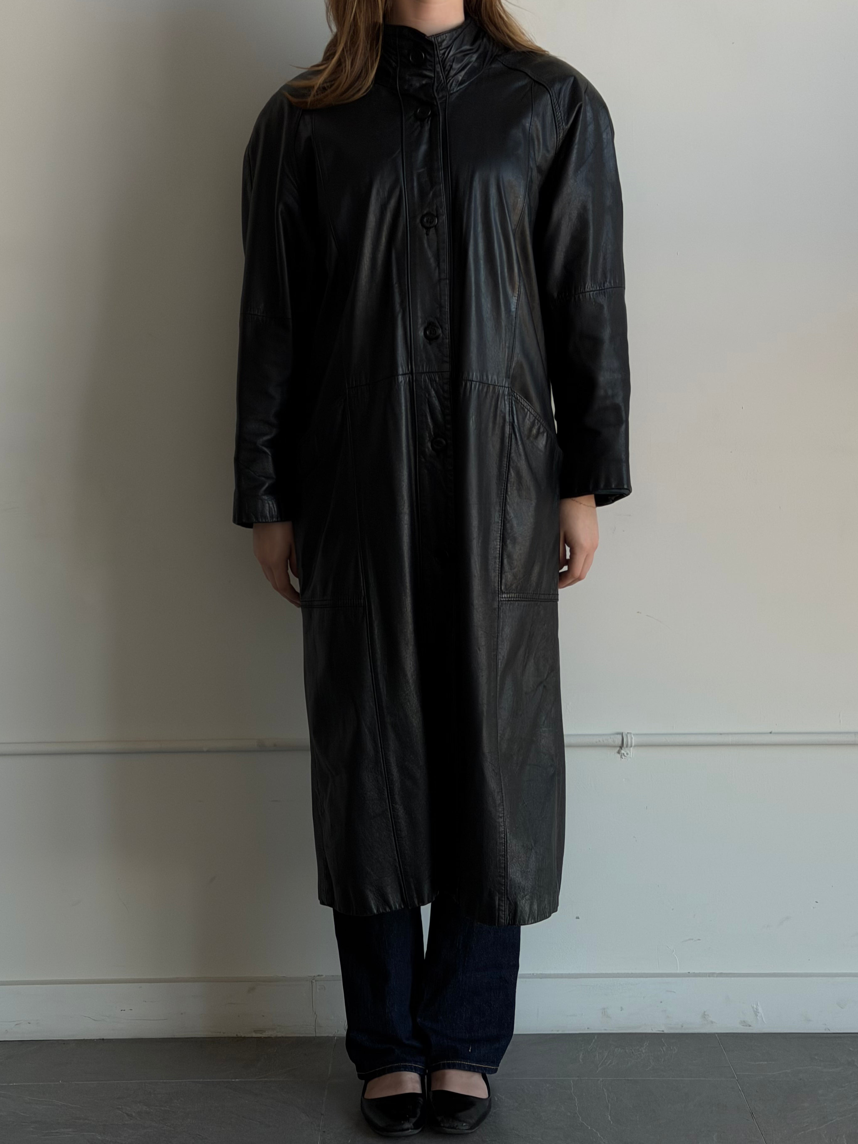 Vintage Black Leather Trench Coat Size M