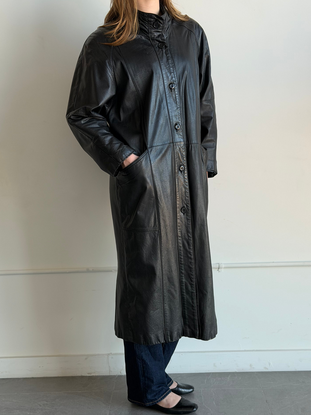 Vintage Black Leather Trench Coat Size M