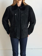 Vintage Black Faux Fur Plush Collar Suede Jacket Size M