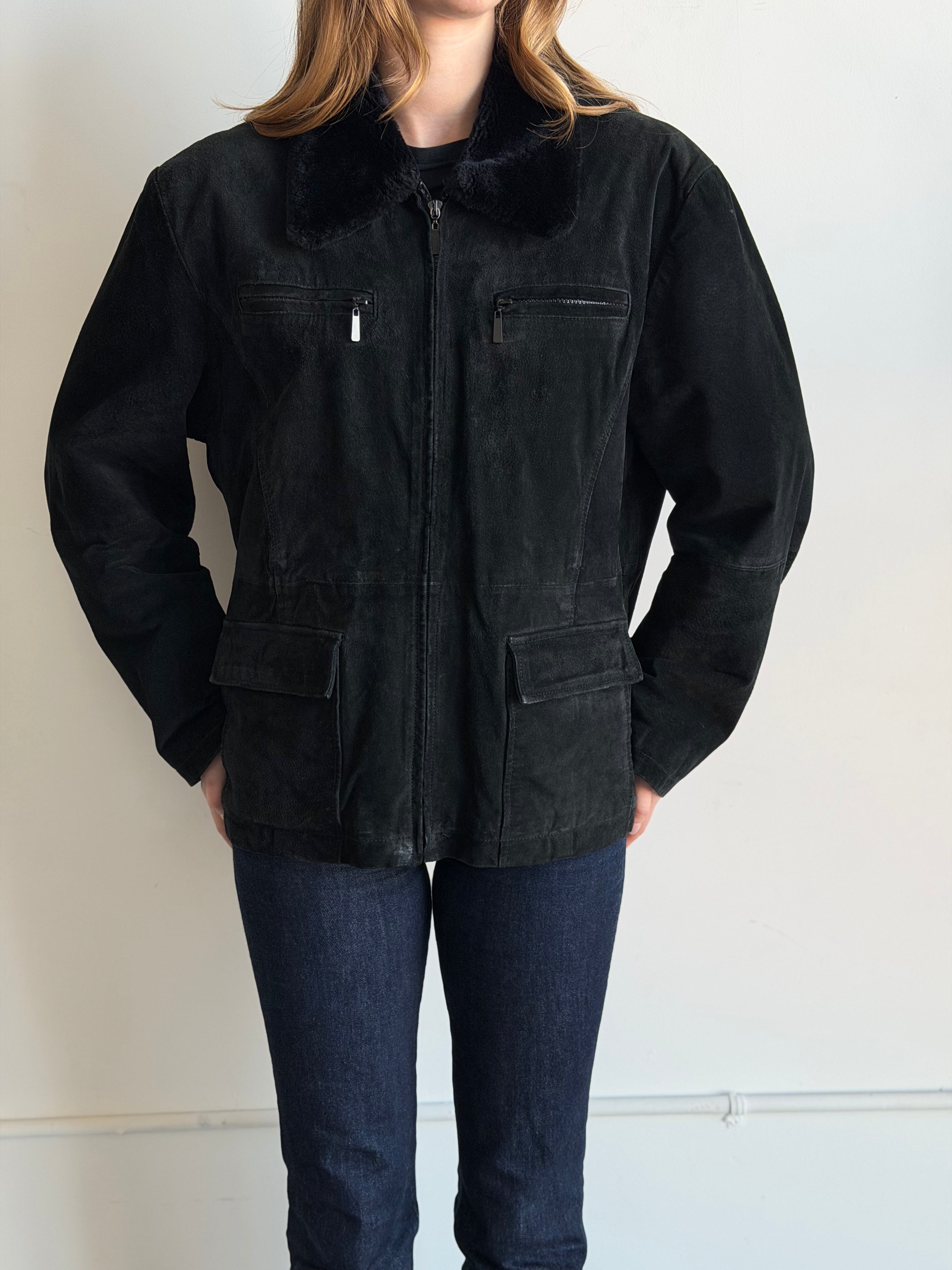 Vintage Black Faux Fur Plush Collar Suede Jacket Size M