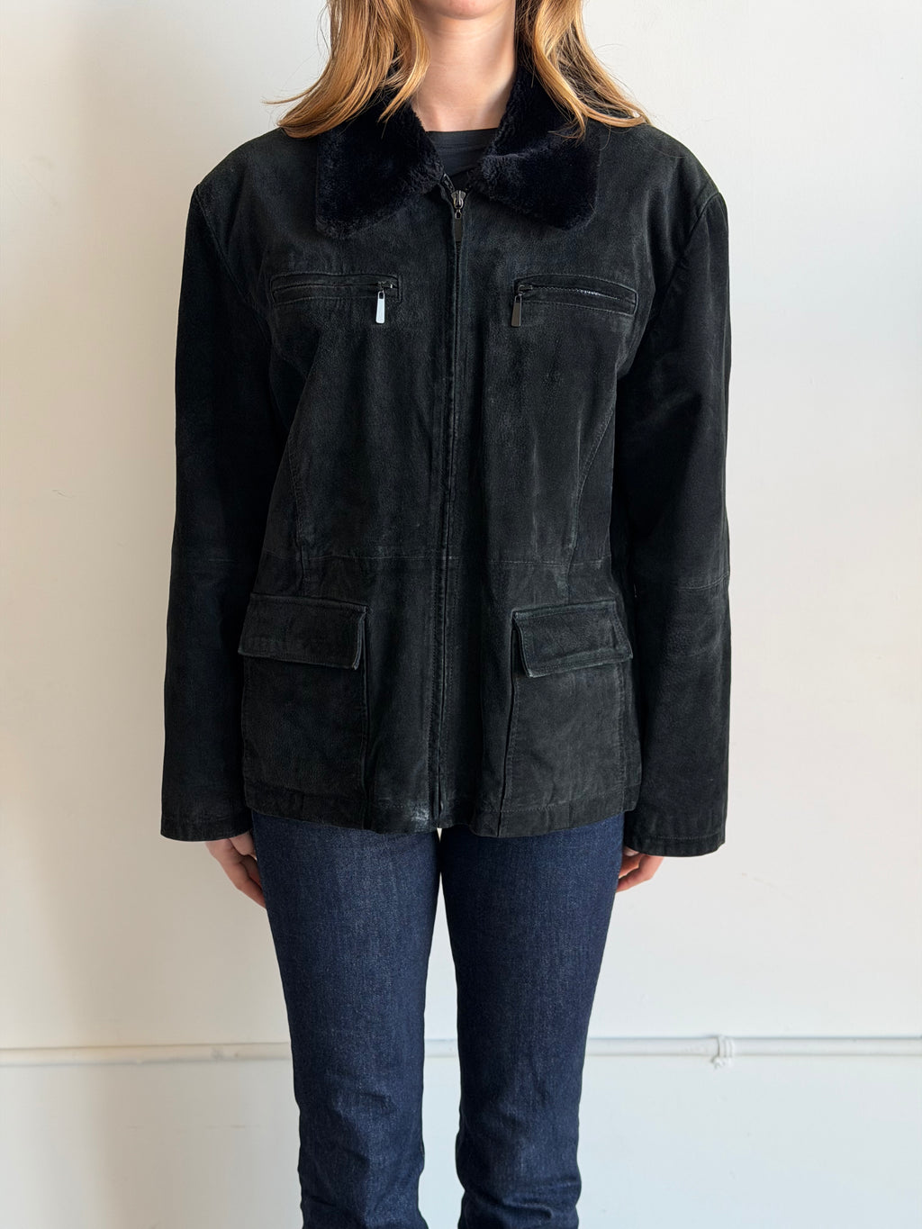 Vintage Black Faux Fur Plush Collar Suede Jacket Size M