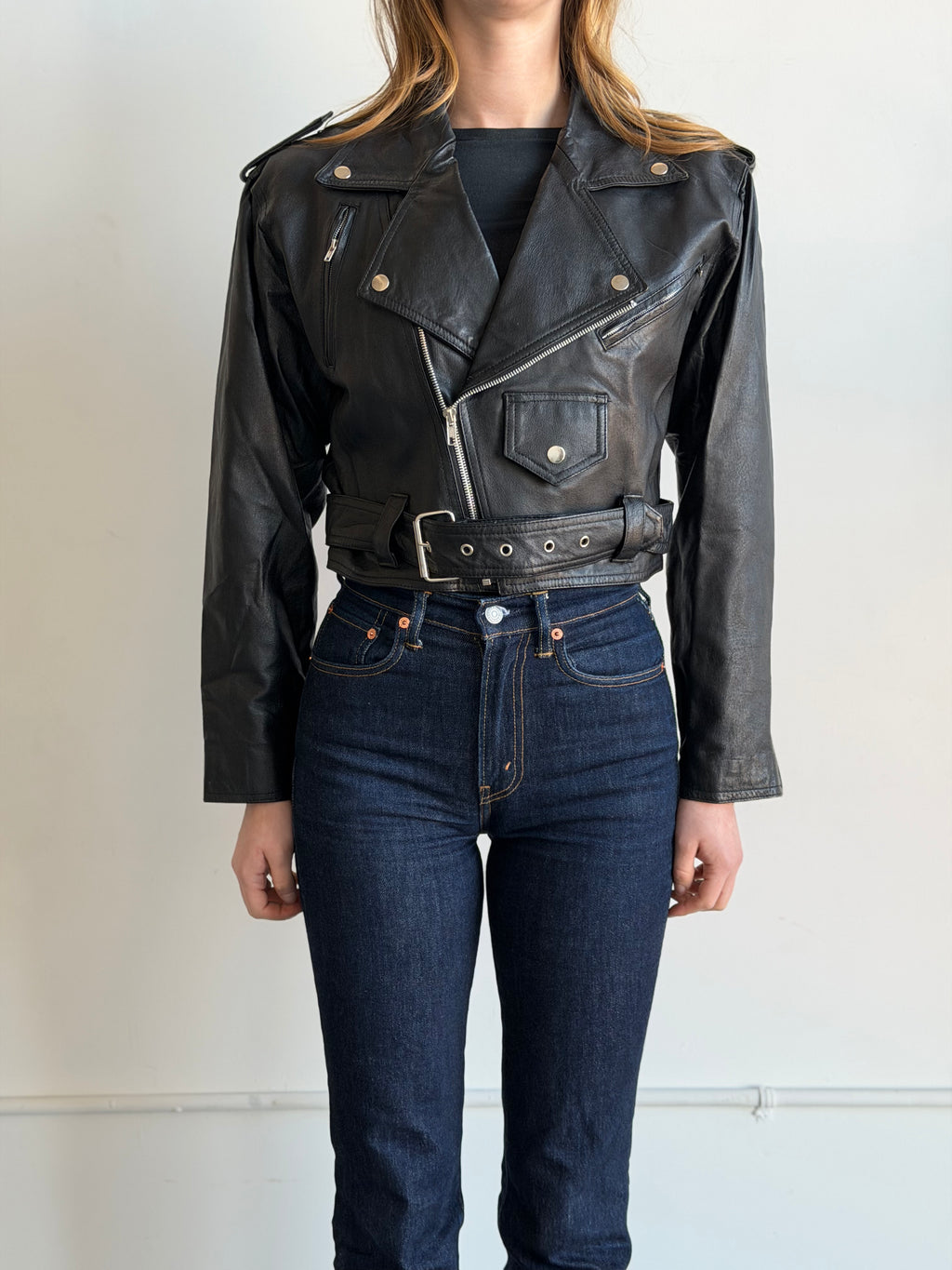 Vintage Black Leather Moto Zipped Jacket Size XS