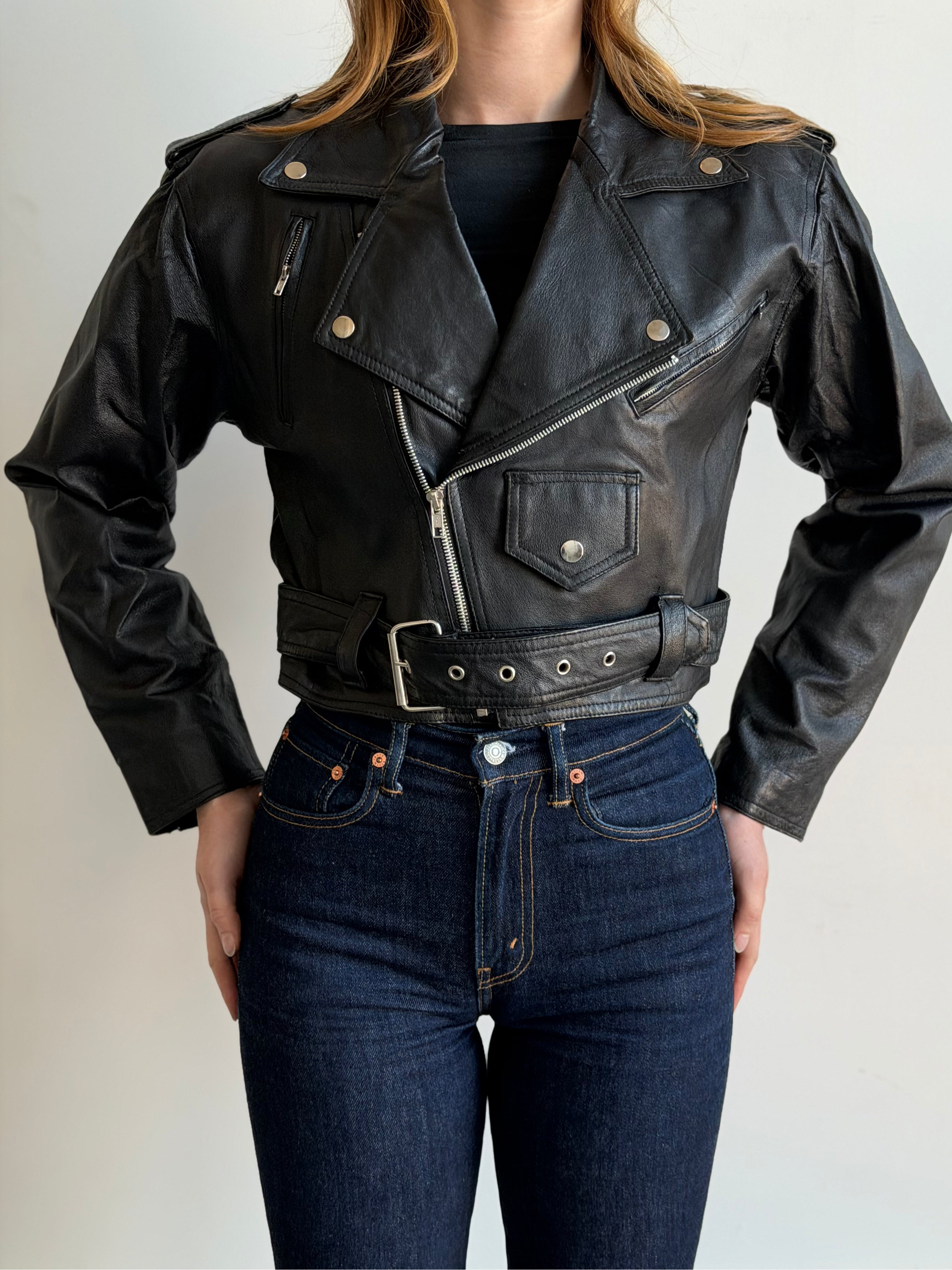 Vintage Black Leather Moto Zipped Jacket Size XS