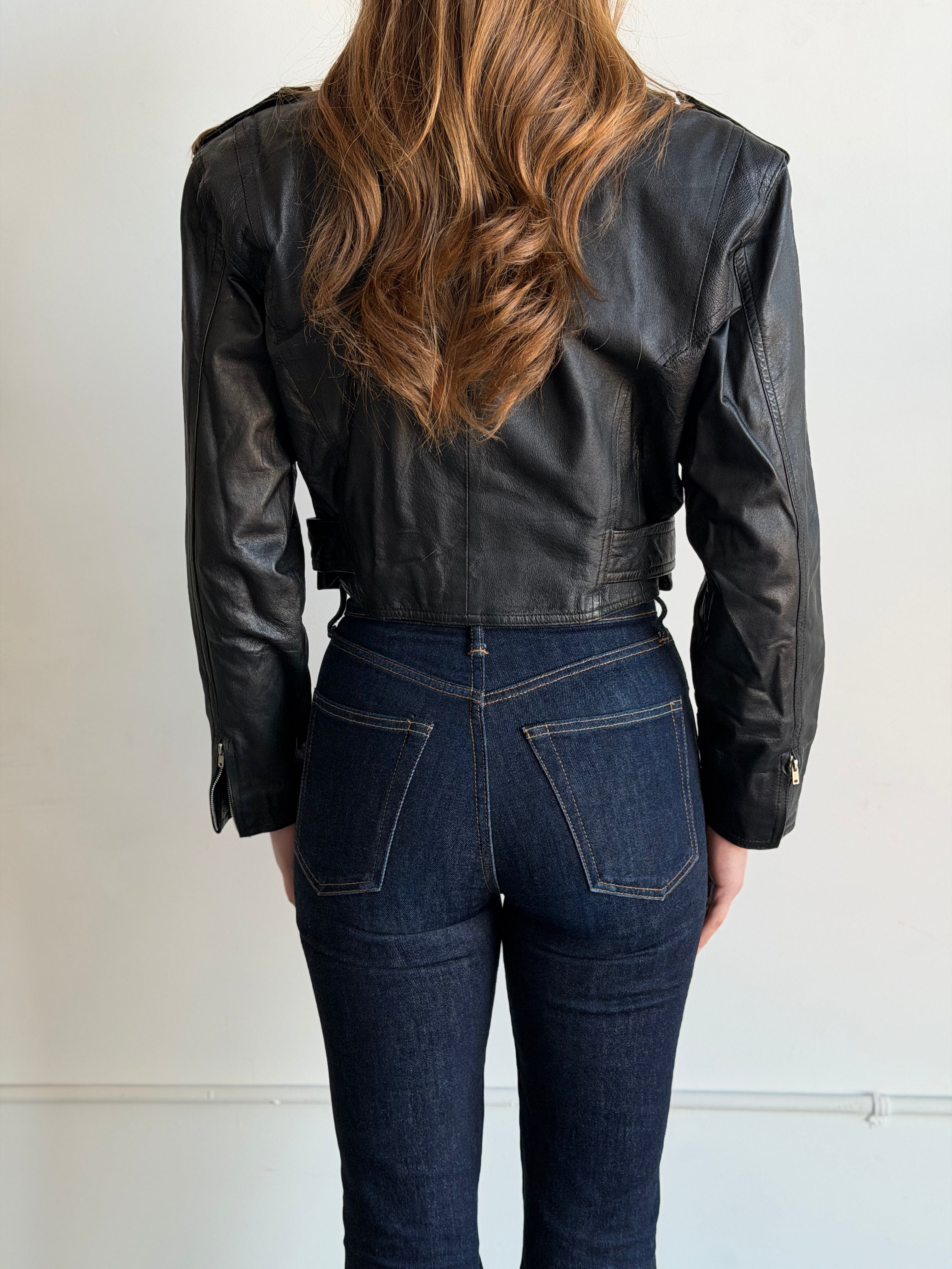 Vintage Black Leather Moto Zipped Jacket Size XS