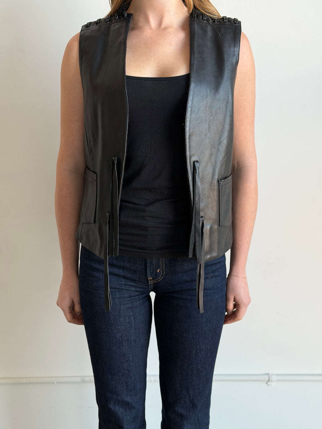 Vintage Western Black Leather Vest Size M