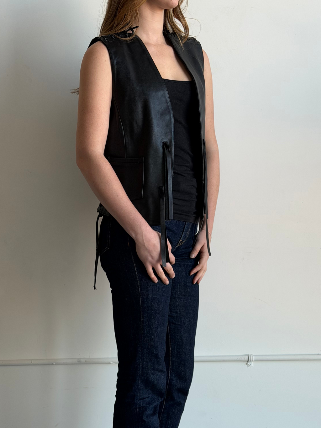 Vintage Western Black Leather Vest Size M