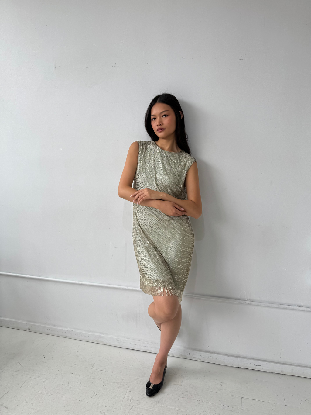 Vintage 1940's Silk Crystal Fringe Dress Size S
