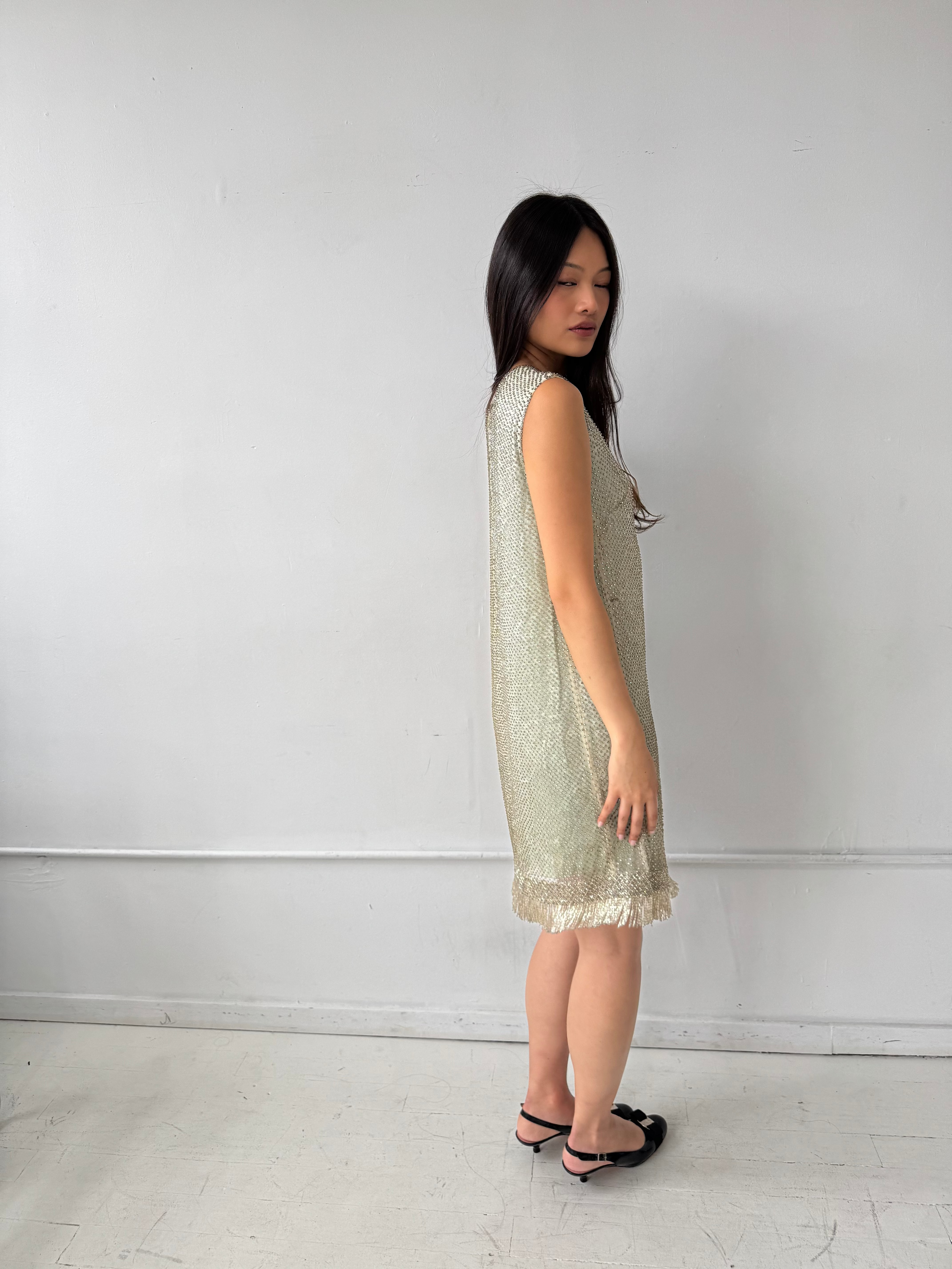 Vintage 1940's Silk Crystal Fringe Dress Size S
