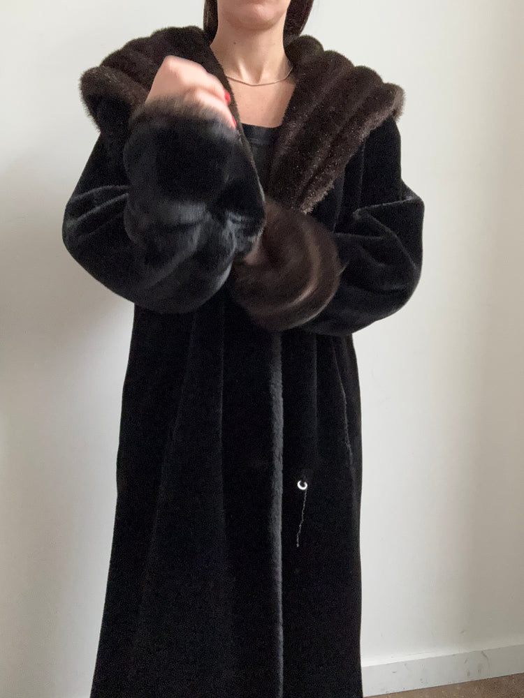 Vintage Black Faux Fur Jacket w/ Brown Cuffs + Hood Size Medium