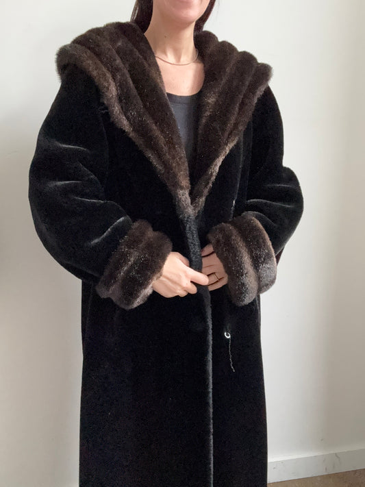 Vintage Black Faux Fur Jacket w/ Brown Cuffs + Hood Size Medium