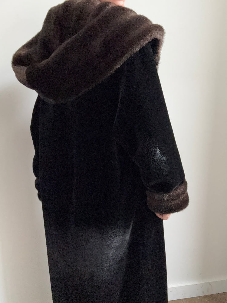 Vintage Black Faux Fur Jacket w/ Brown Cuffs + Hood Size Medium