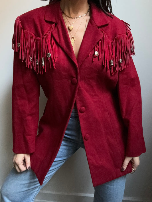 Vintage 80's Wool Red Blazer With Fringe Detailing Size 6