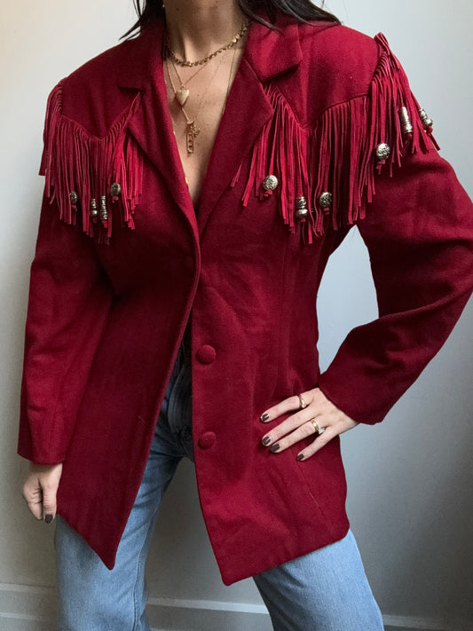 Vintage 80's Wool Red Blazer With Fringe Detailing Size 6