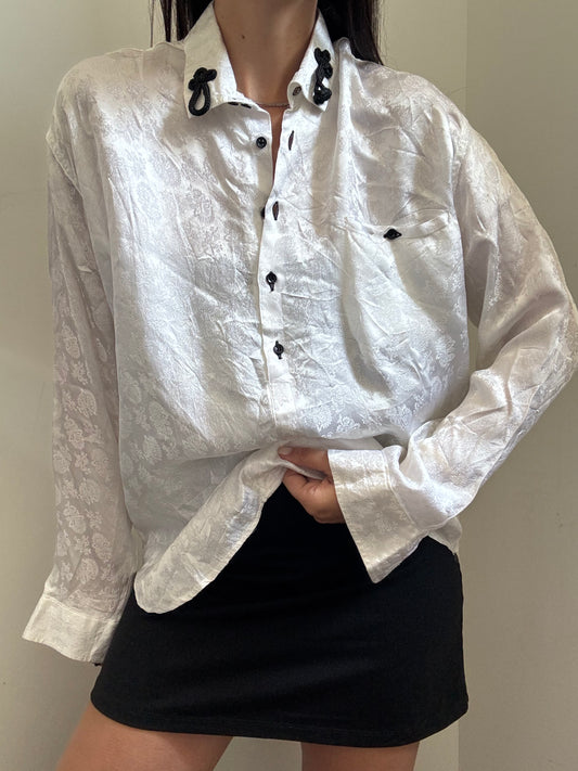 Vintage White Silk Embossed Blouse Size Medium