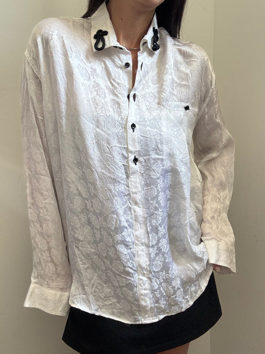 Vintage White Silk Embossed Blouse Size Medium