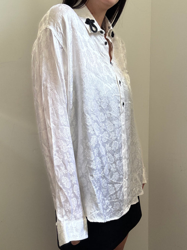 Vintage White Silk Embossed Blouse Size Medium