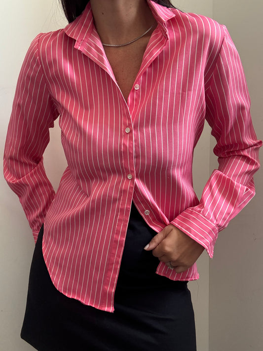 Vintage Pink Striped Long Sleeve Button Up Shirt Size Small