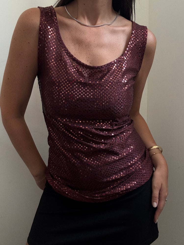 Vintage Sheer Sequin Burgundy Dress Size Small
