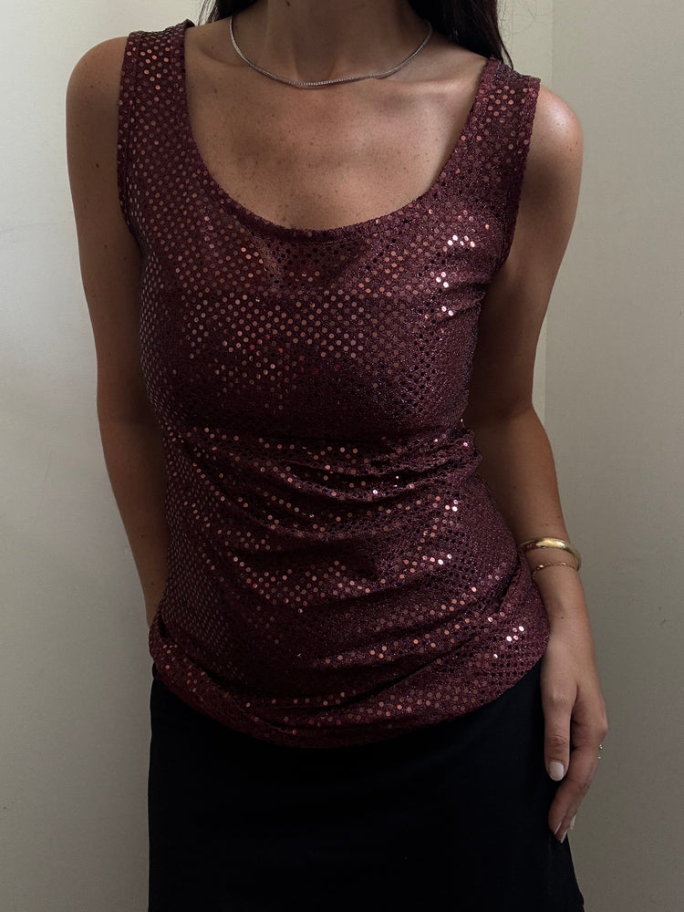 Vintage Sheer Sequin Burgundy Dress Size Small