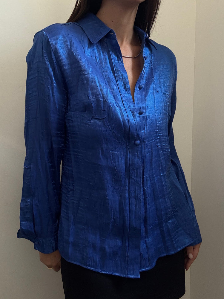 Vintage Royal Blue Shiny Button Down Shirt Size Medium