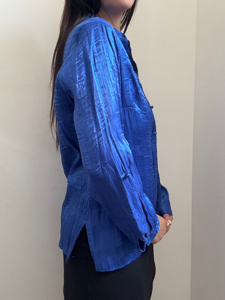 Vintage Royal Blue Shiny Button Down Shirt Size Medium
