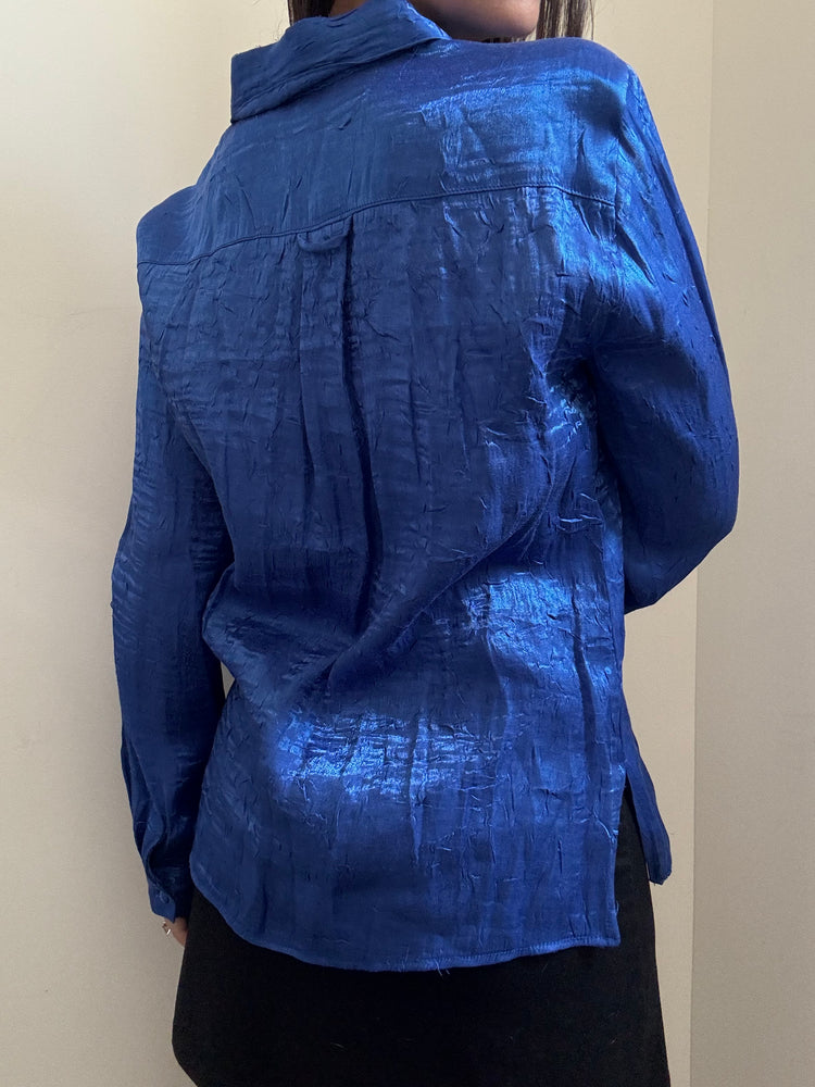 Vintage Royal Blue Shiny Button Down Shirt Size Medium