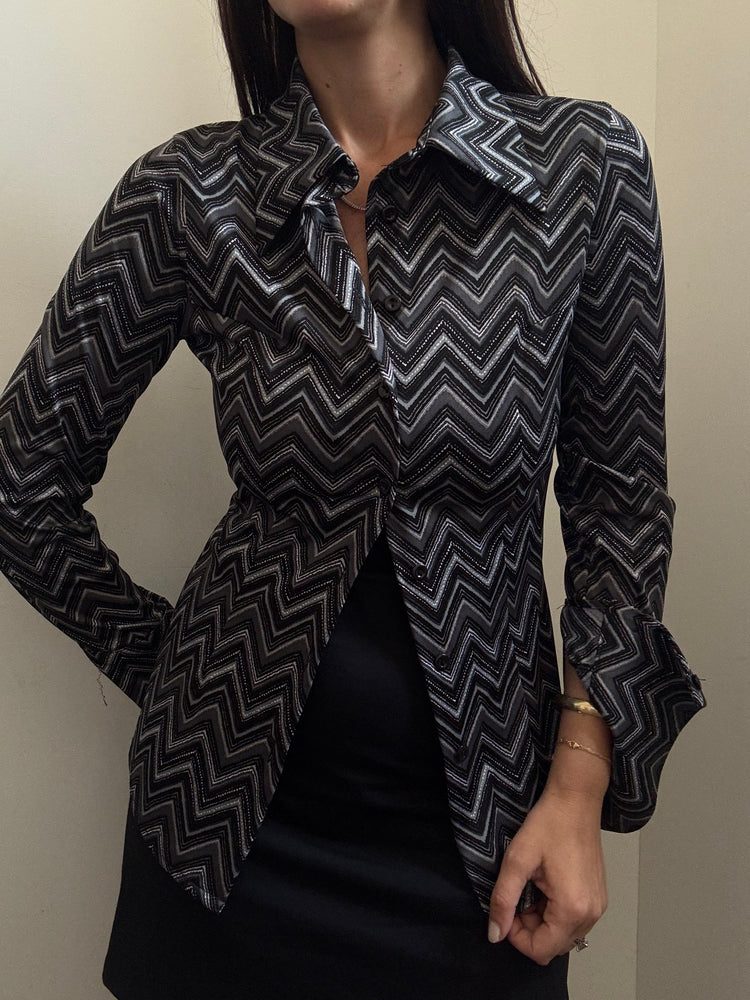 Vintage Black & Grey Chevron Button Up Blouse Size Small