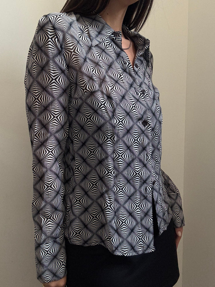 Vintage Silk Black & White Print Button Up Top Size Small