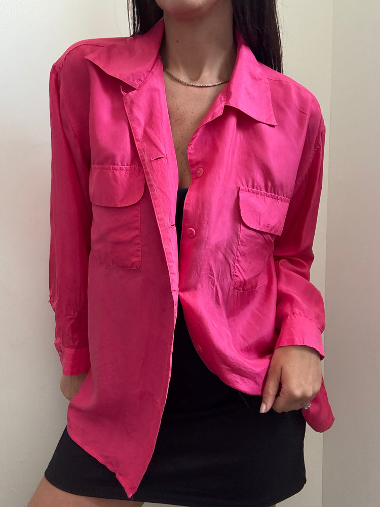 Vintage Pink Washed Silk Button Down Blouse Size Large