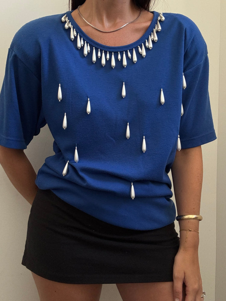 Vintage Silver Embellished Blue Shirt Size Medium