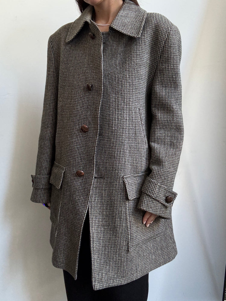 Vintage Wool Brown + Green Checked Mid-Length Coat Size Large