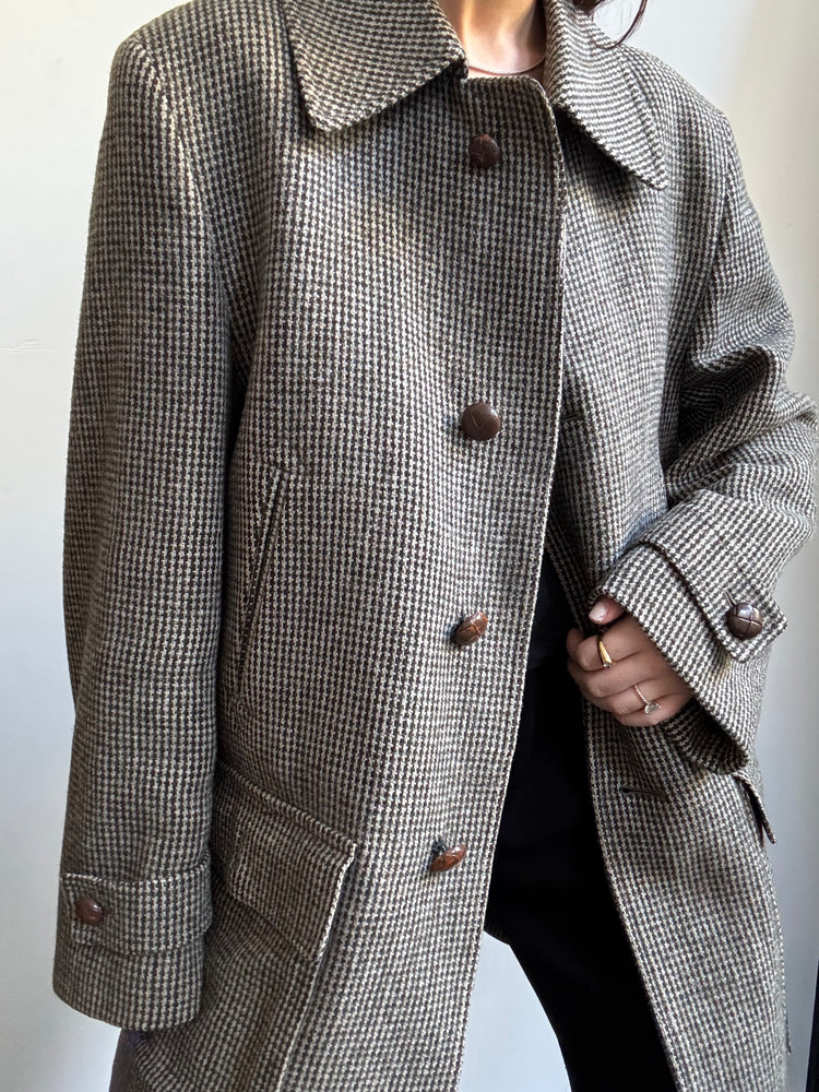 Vintage Wool Brown + Green Checked Mid-Length Coat Size Large