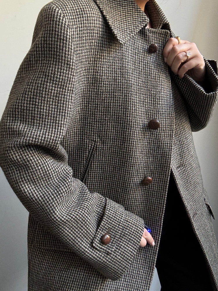 Vintage Wool Brown + Green Checked Mid-Length Coat Size Large