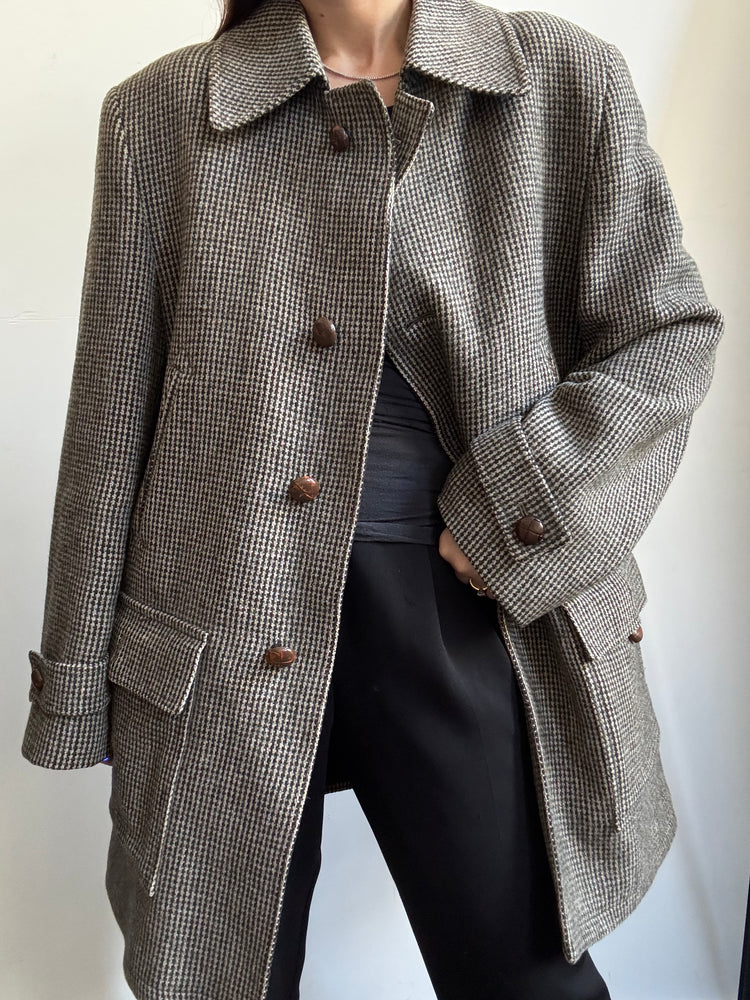 Vintage Wool Brown + Green Checked Mid-Length Coat Size Large