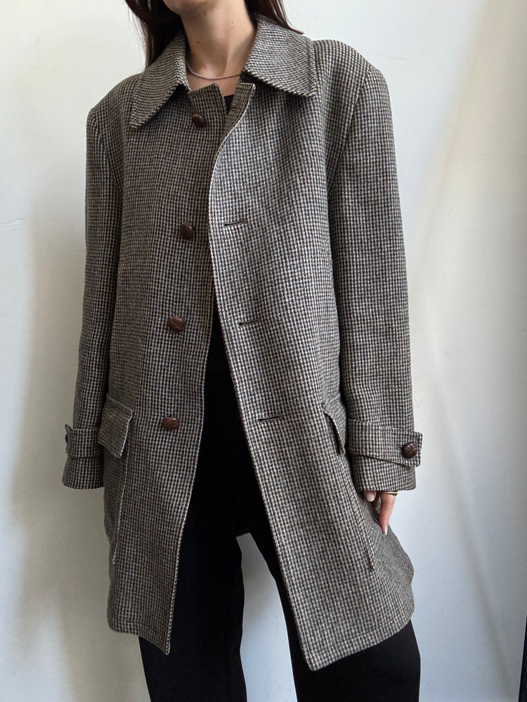 Vintage Wool Brown + Green Checked Mid-Length Coat Size Large